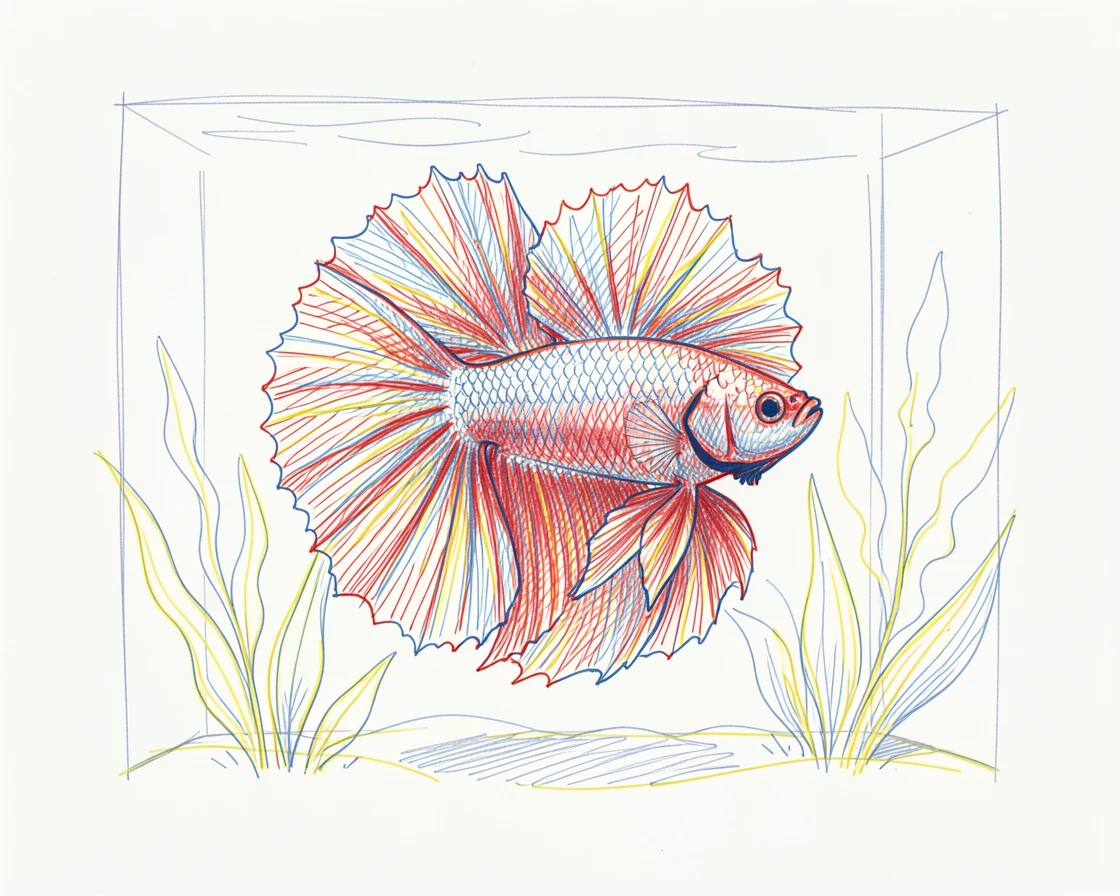 A colorful betta fish flaring its fins in a planted aquarium