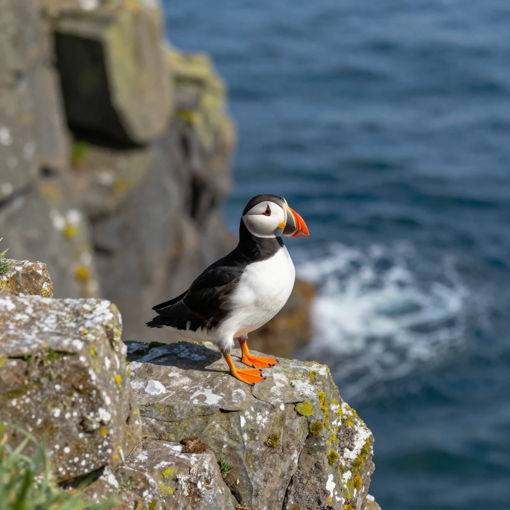 A puffin standing on a rocky cliff edge