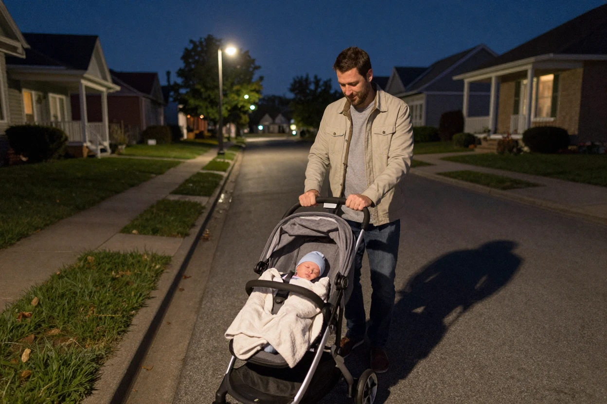 A father walks his newborn around the block in a stroller at midnight to help her sleep.