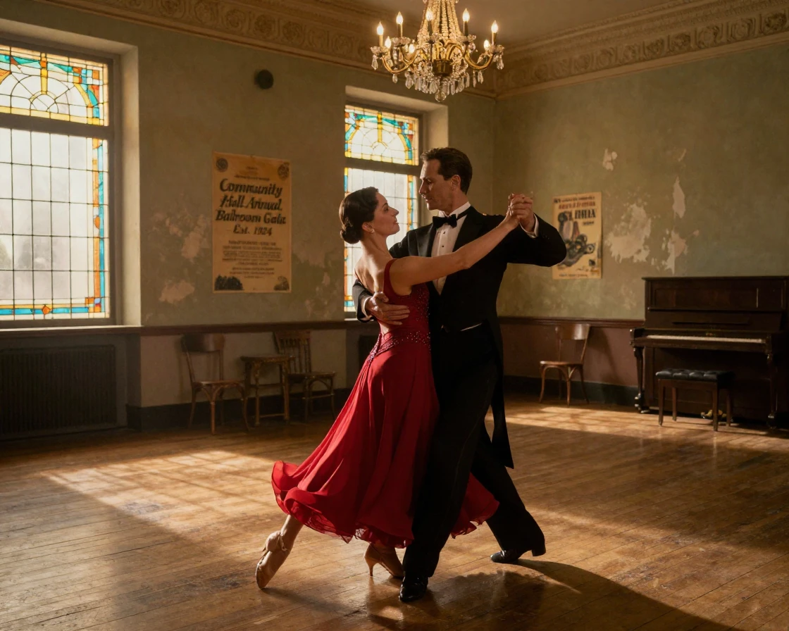 A ballroom dancing couple gathering for one final rehearsal inside an old community hall