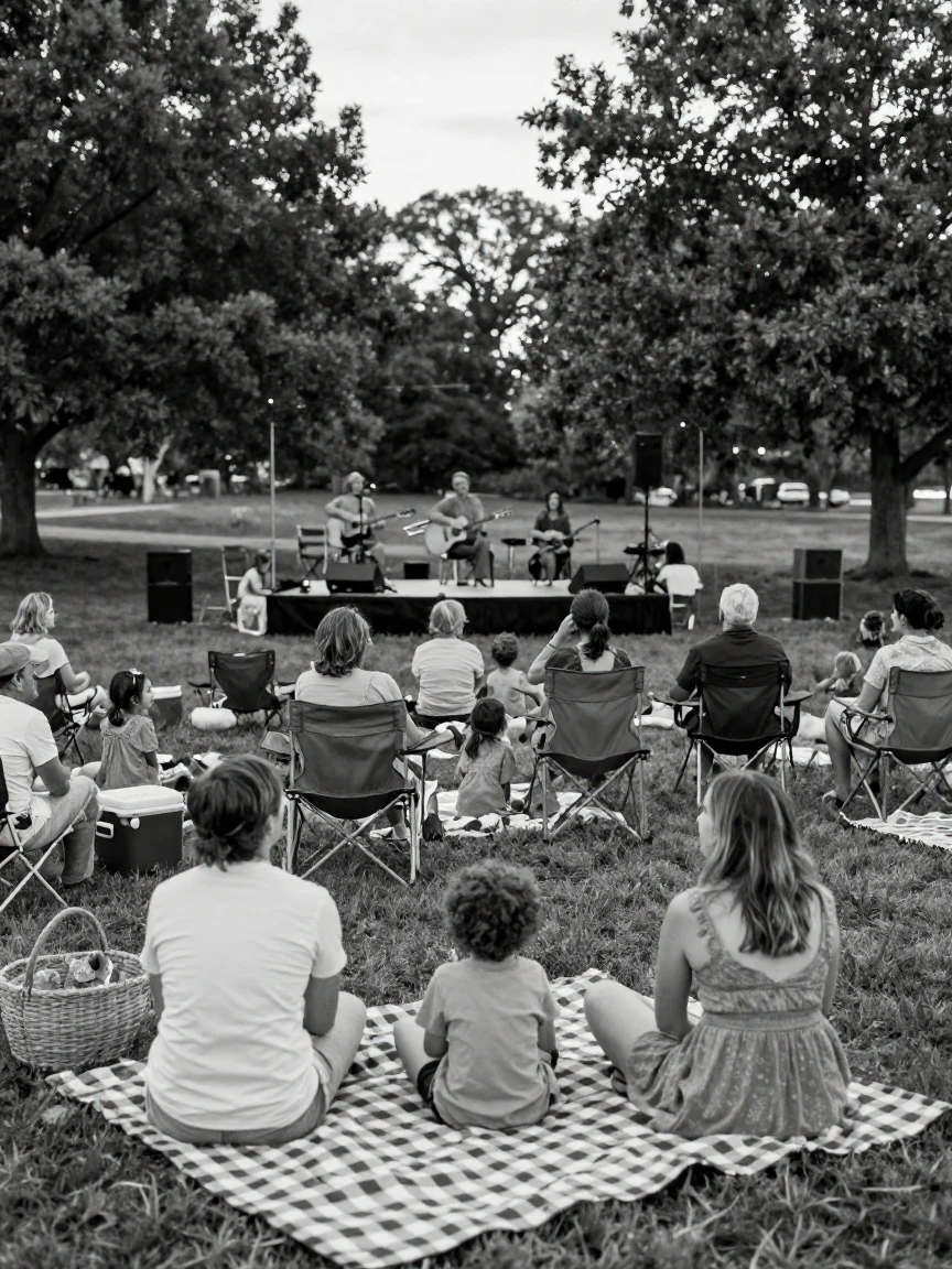 A group of families gathers for an outdoor summer concert on a grassy park lawn.