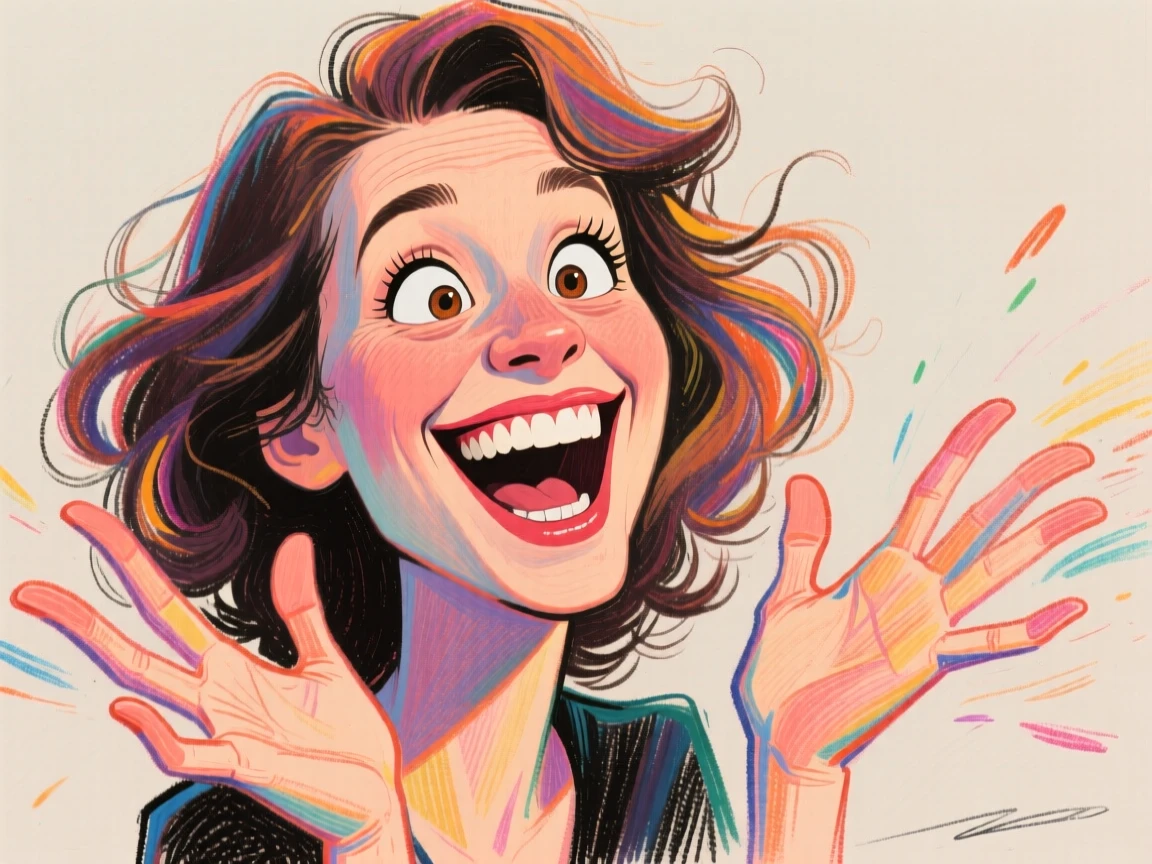 A woman caught talking animatedly with her hands, gesturing wildly mid-story.