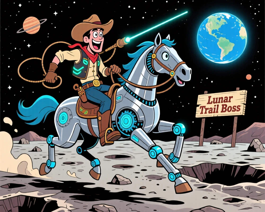 An imaginative fantasy scene of a space cowboy riding a robotic horse across the cratered surface of the moon.
