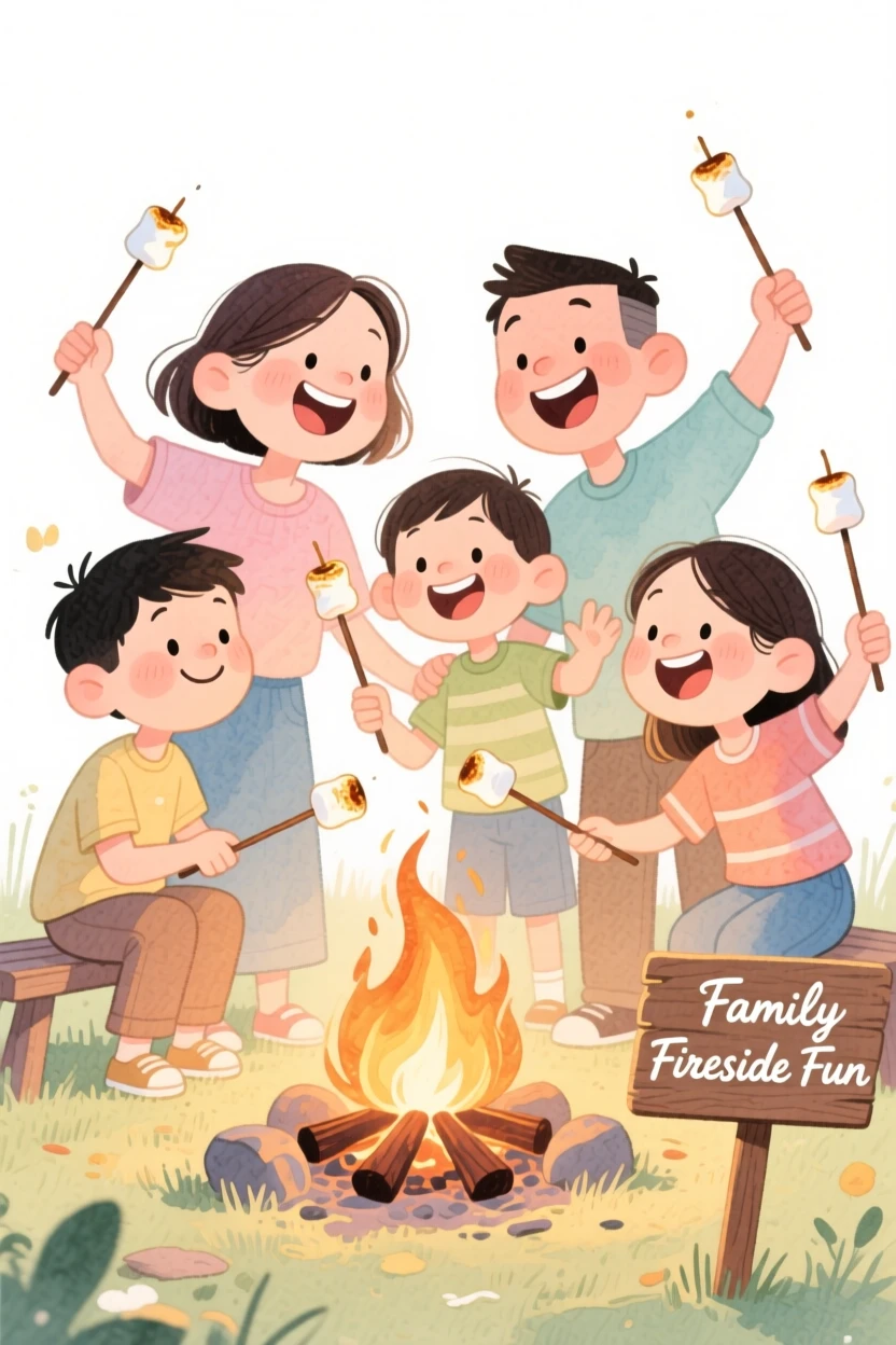 An adoptive family celebrating together roasting marshmallows around a backyard fire pit