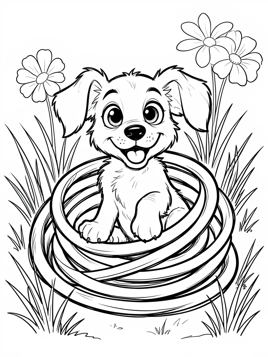 [Cute Animals & Pets] Adorable scene of a playful puppy tangled adorably in a garden hose, bursting with charm and playful energy