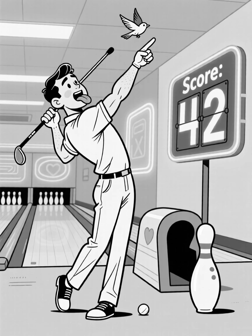 A determined golfer mid-swing with his tongue sticking out, pointing excitedly at a bird overhead, set at a retro bowling alley with neon lights. A scoreboard nearby shows an embarrassingly low number. The image is a playful ode to hobbies people truly love.