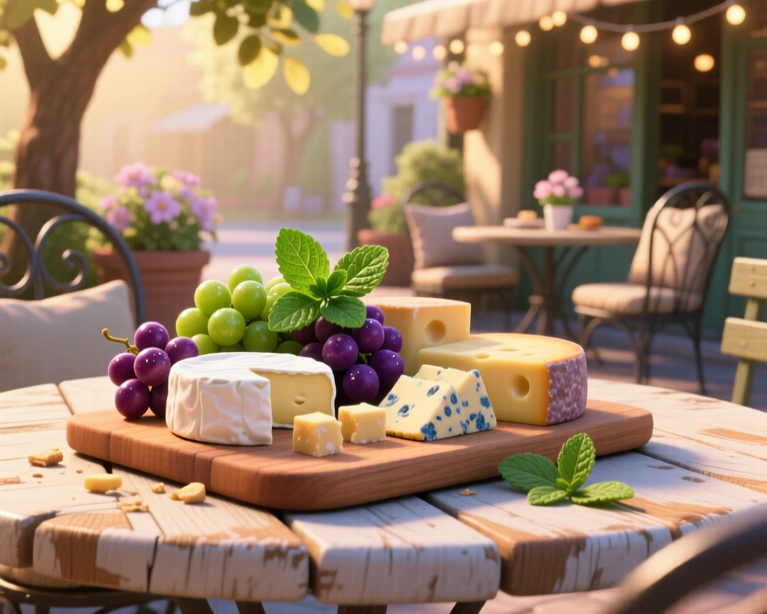 A wooden board of assorted cheeses and grapes sits at a sunny outdoor cafe table, garnished with a sprig of fresh mint. A comforting, homey feeling fills the moment.