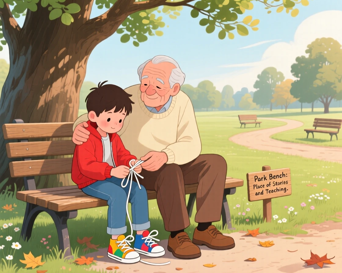 A boy and his grandfather share a tender moment teaching each other to tie their shoelaces in a park bench under an old oak tree, with a gentle hand resting on a shoulder.