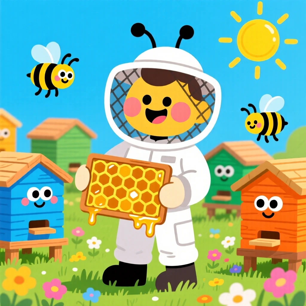 A beekeeper checking honeycomb frames in a sunny apiary.