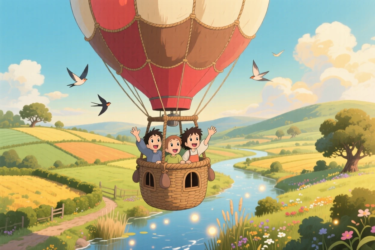 A charming scene of a hot air balloon drifting over a patchwork countryside, as passengers wave from open windows.