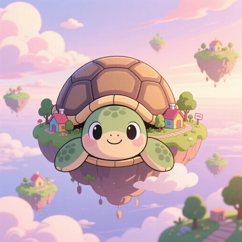 Symmetrical front-on view: a floating island turtle, carrying a tiny village on its shell, set against a sky full of drifting islands beneath fluffy drifting clouds, with soft pastel light of dawn and a mood of quiet contentment.