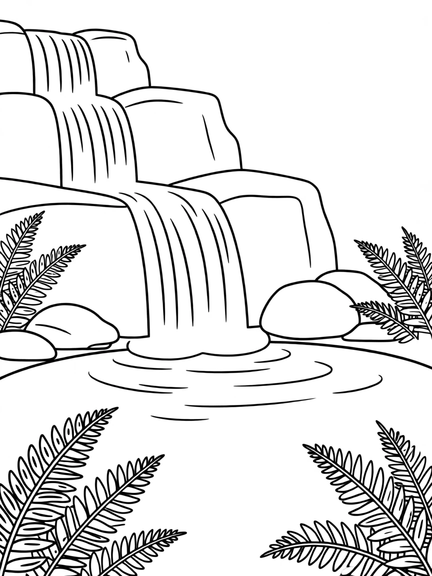 A waterfall cascading into a crystal-clear pool surrounded by ferns
