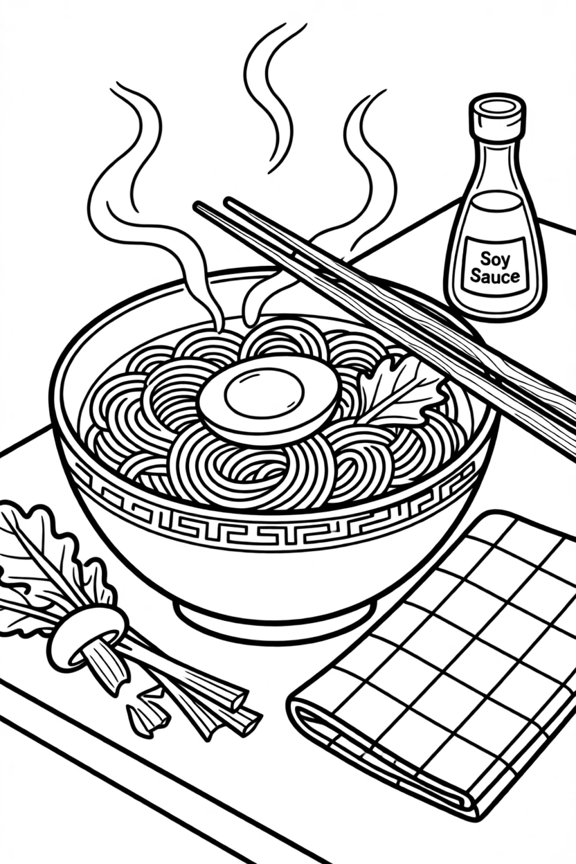 A bowl of steaming ramen with a soft-boiled egg, with a checkered napkin folded alongside.