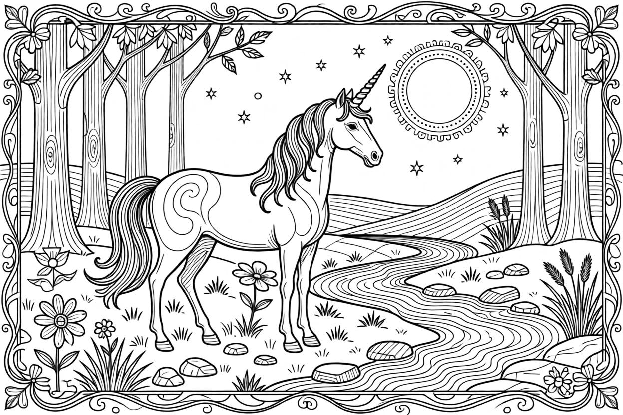 A unicorn standing in a moonlit glade beside a sparkling stream.