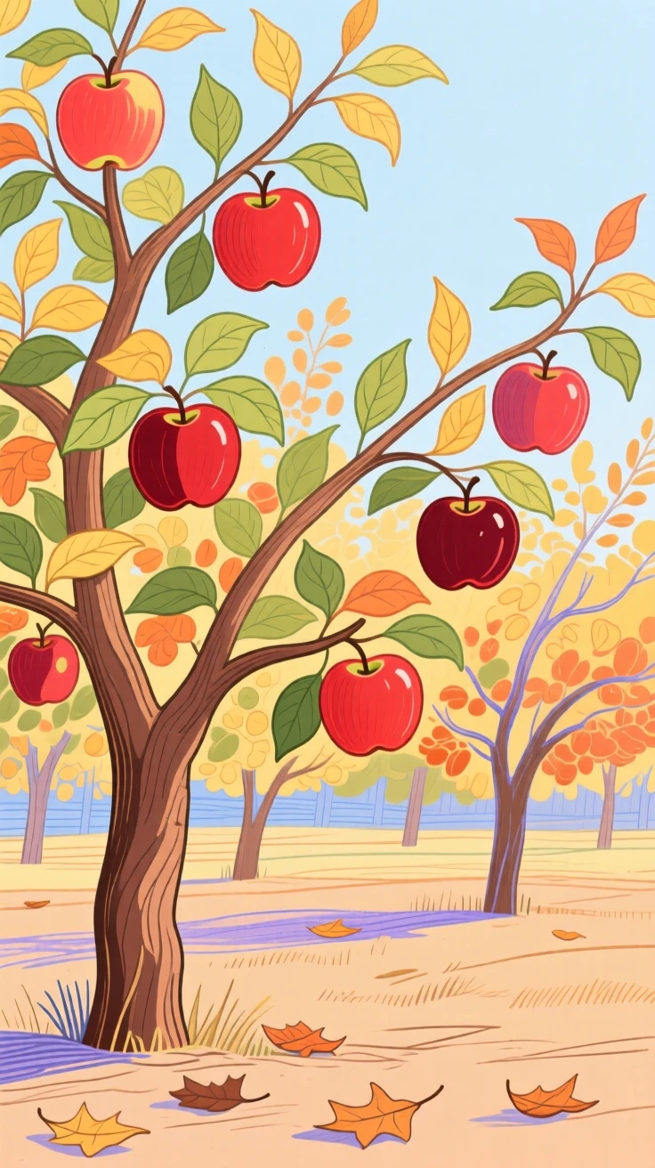 A quiet orchard heavy with ripening apples in early autumn.
