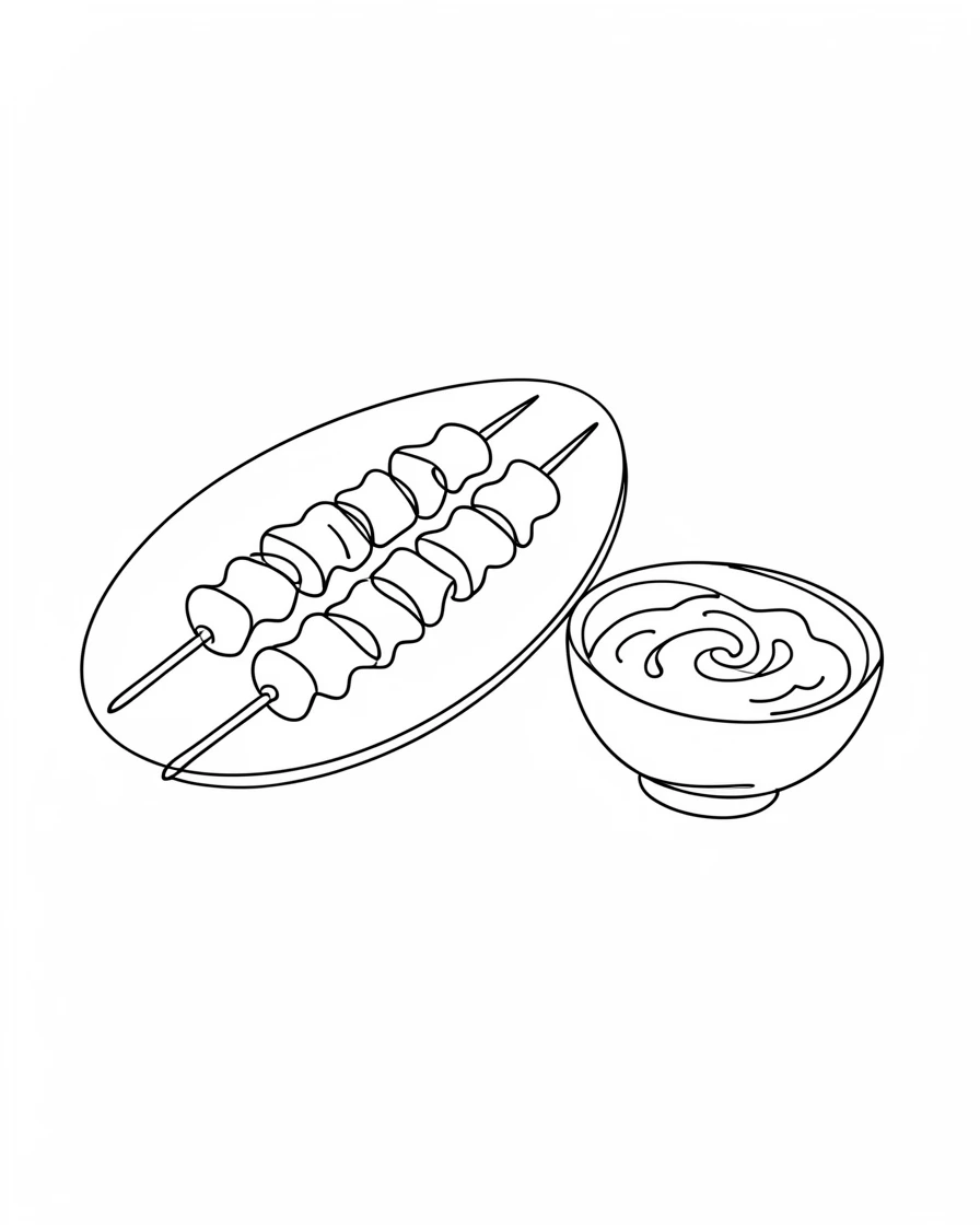 A platter of grilled kebabs resting beside a bowl of rice
