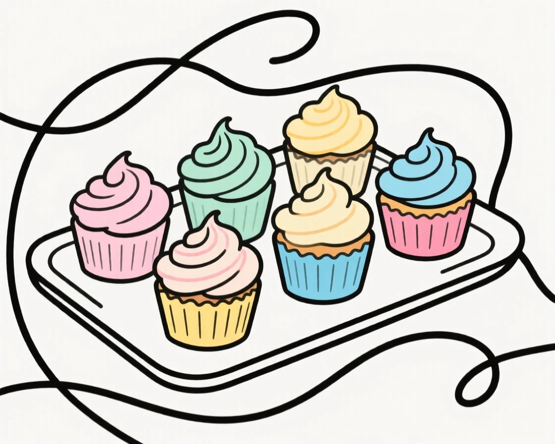 A tray of colorful cupcakes decorated with swirled frosting.