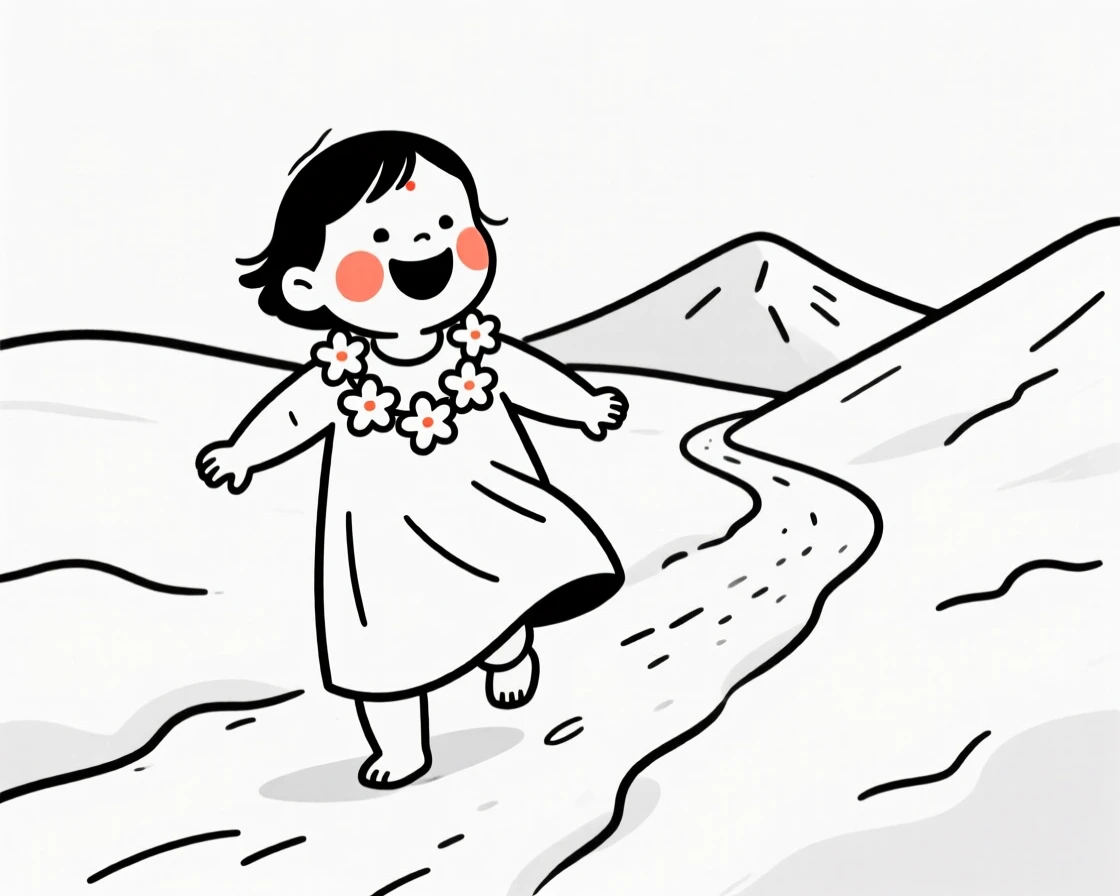 A wobbly toddler of Indian heritage wearing a traditional Hawaiian lei and dress, laughing joyfully, on a snowy mountain trail.