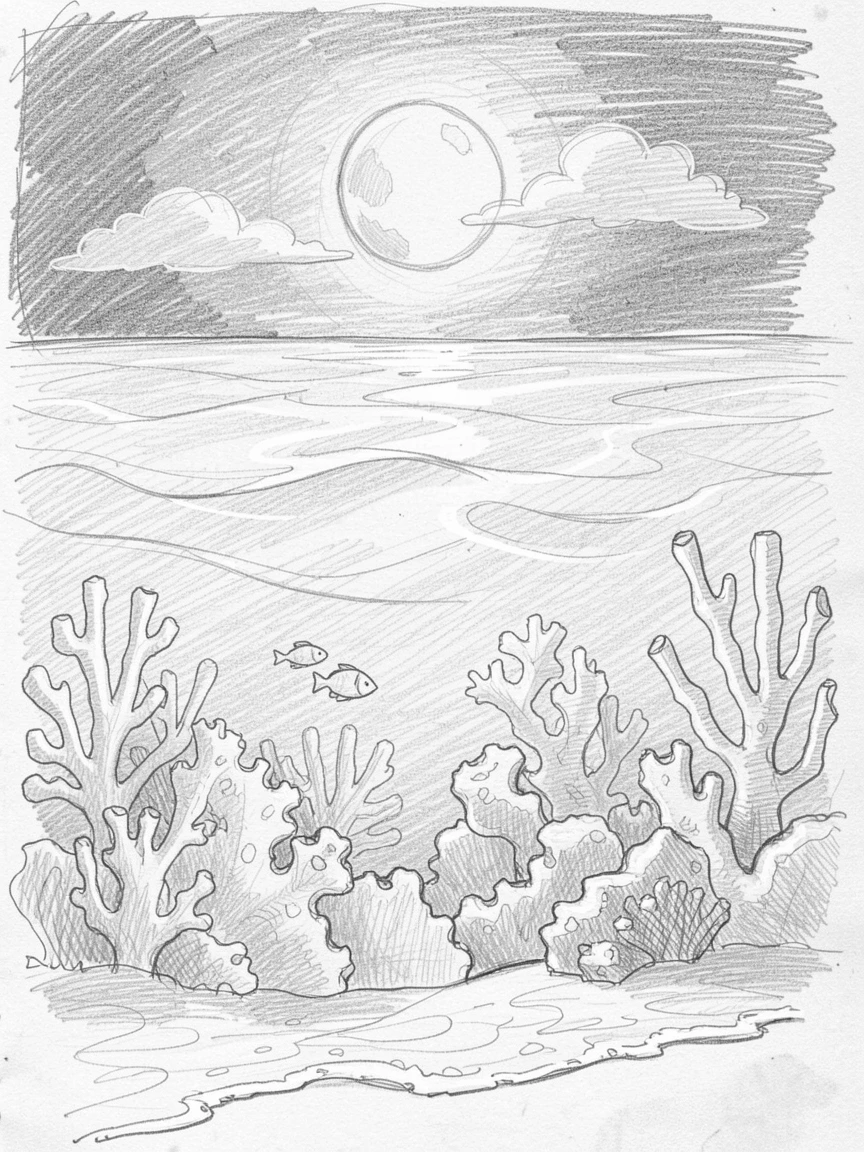 A breathtaking view of a coral reef beneath clear water, illuminated by a brilliant full moon, with gentle waves lapping at the shore.