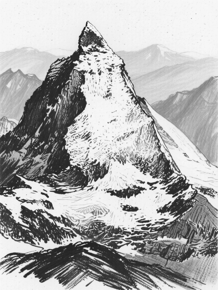 A snow-capped peak with distant mountains fading into blue haze.
