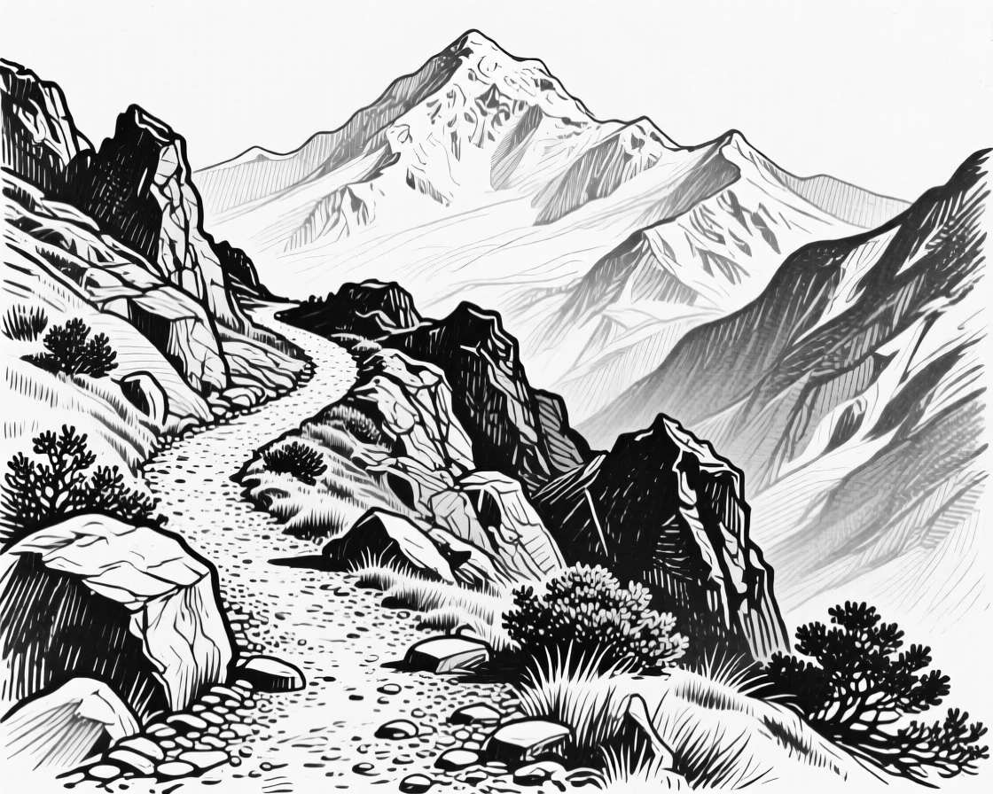 A rocky mountain trail winding upward toward a distant snowy peak.