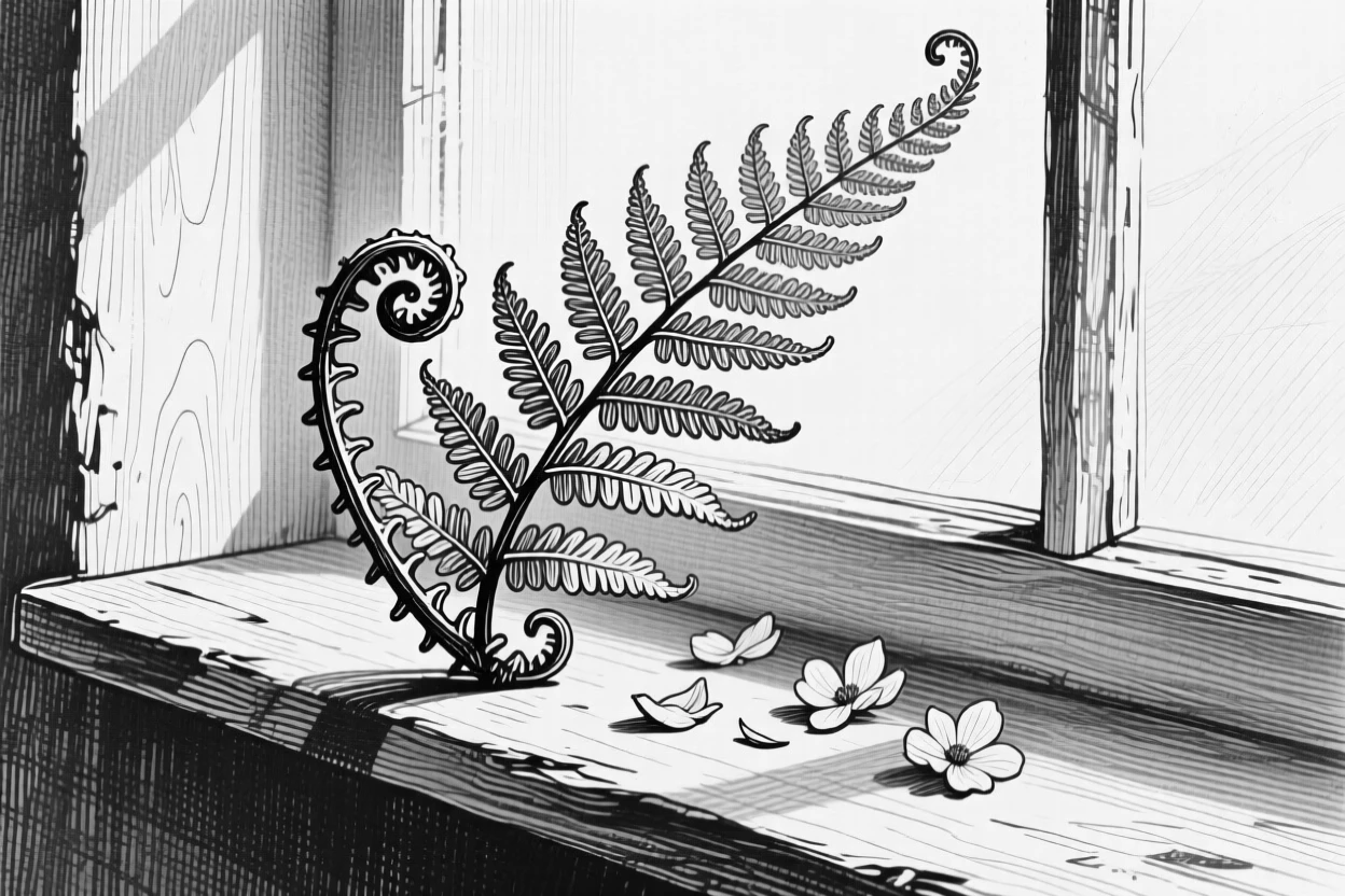 A fern unfurling its fronds arranged on a windowsill in soft light, with soft shadows falling across the petals, composed in a delicate and romantic still-life arrangement.