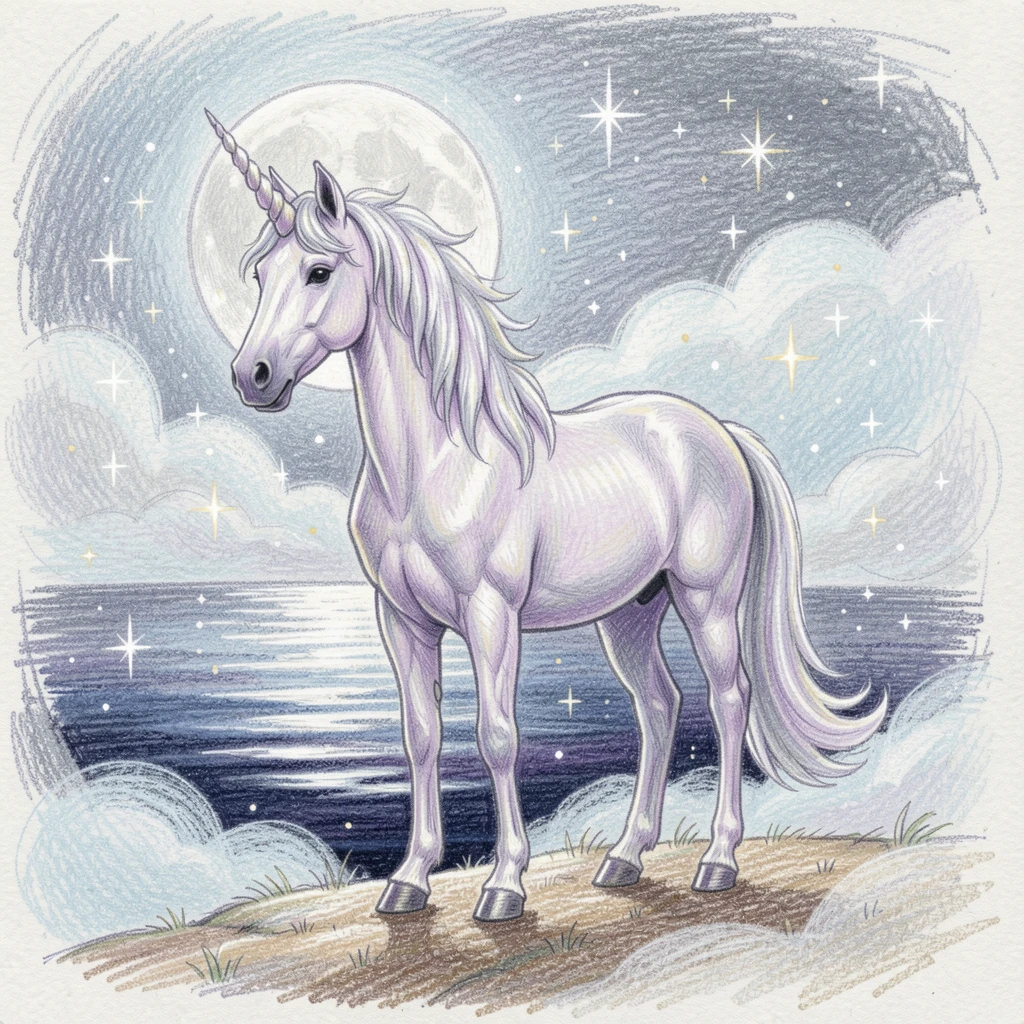 A unicorn standing at the edge of an enchanted moonlit lake, surrounded by swirling mist and drifting sparkles of light, evoking childhood wonder and magical storytelling.