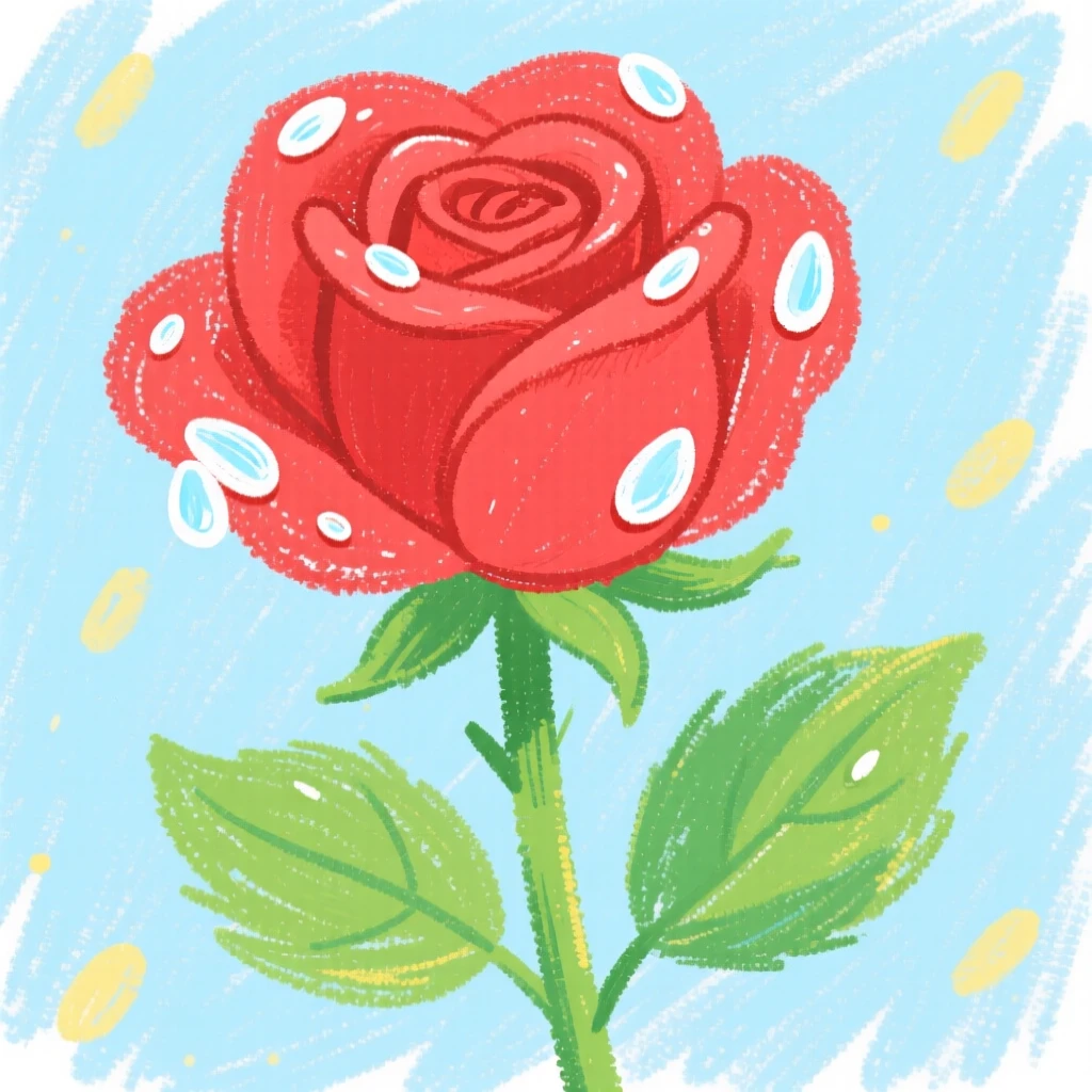 A single red rose covered in morning dew drops.