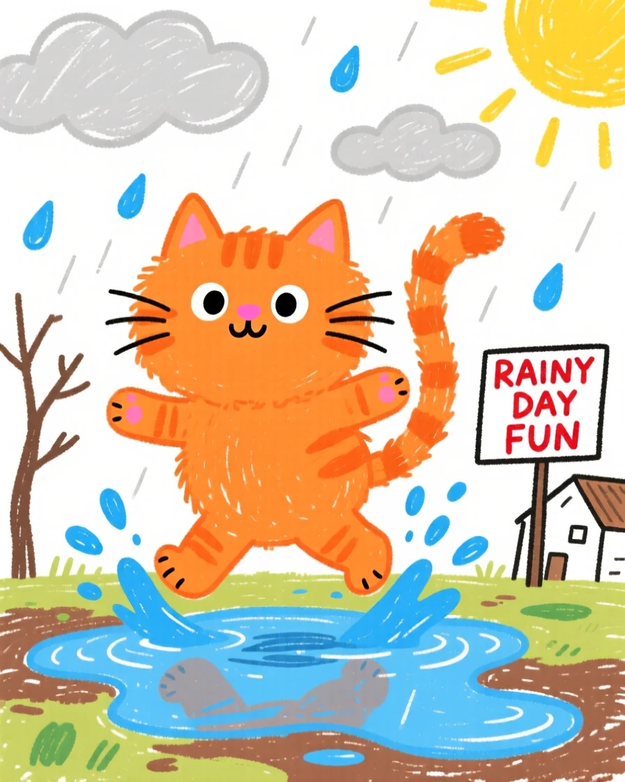 A fluffy orange kitten splashing through puddles on a rainy walk.