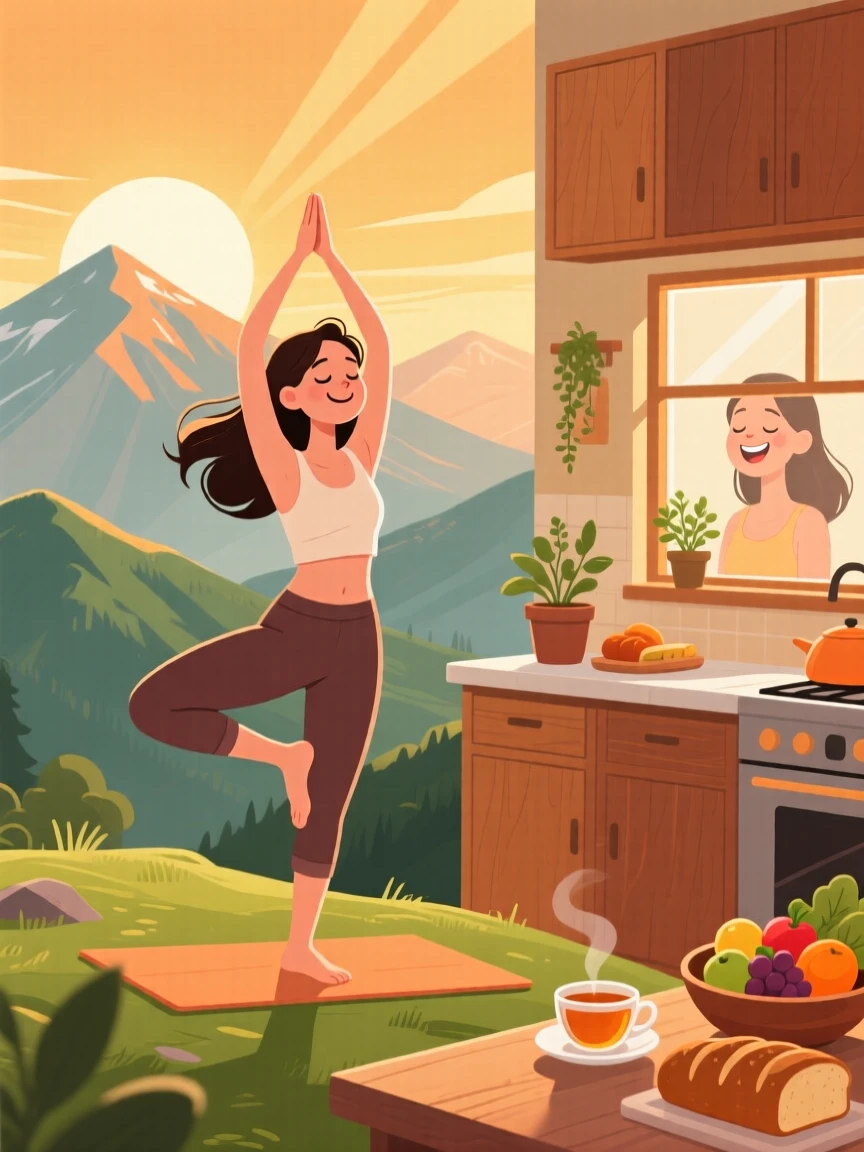 A woman practicing yoga on a peaceful mountaintop, in a warm, inviting kitchen filled with the smell of fresh food, framed with warm, natural lighting highlighting genuine emotion, with small joyful details like flying hair or bright laughter.