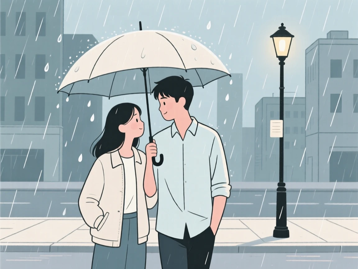 A young couple sharing an umbrella in the rain on a quiet weekend afternoon in the city.