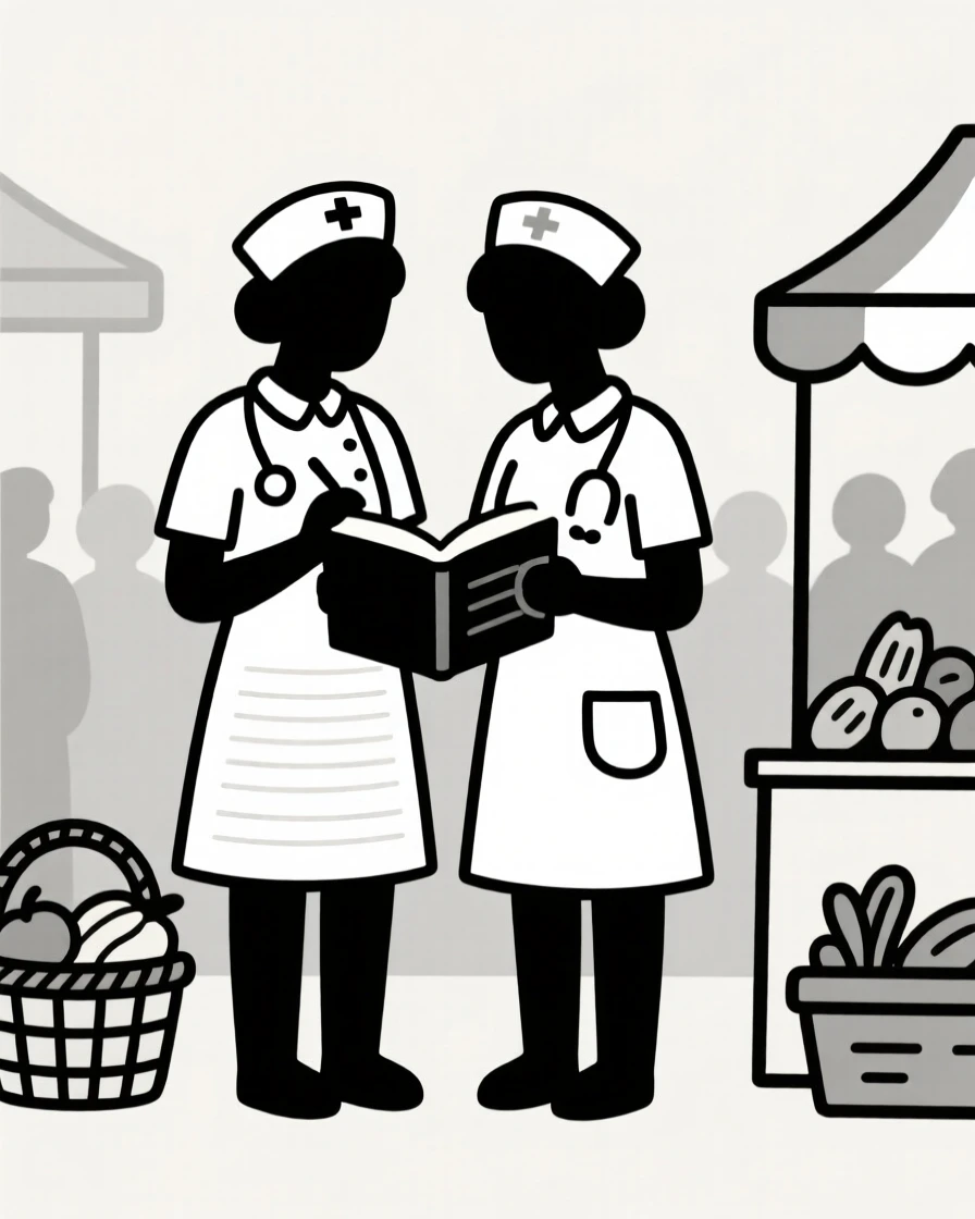 Two nurse writing in a journal together in a busy farmers market, sharing a moment of shared belonging.