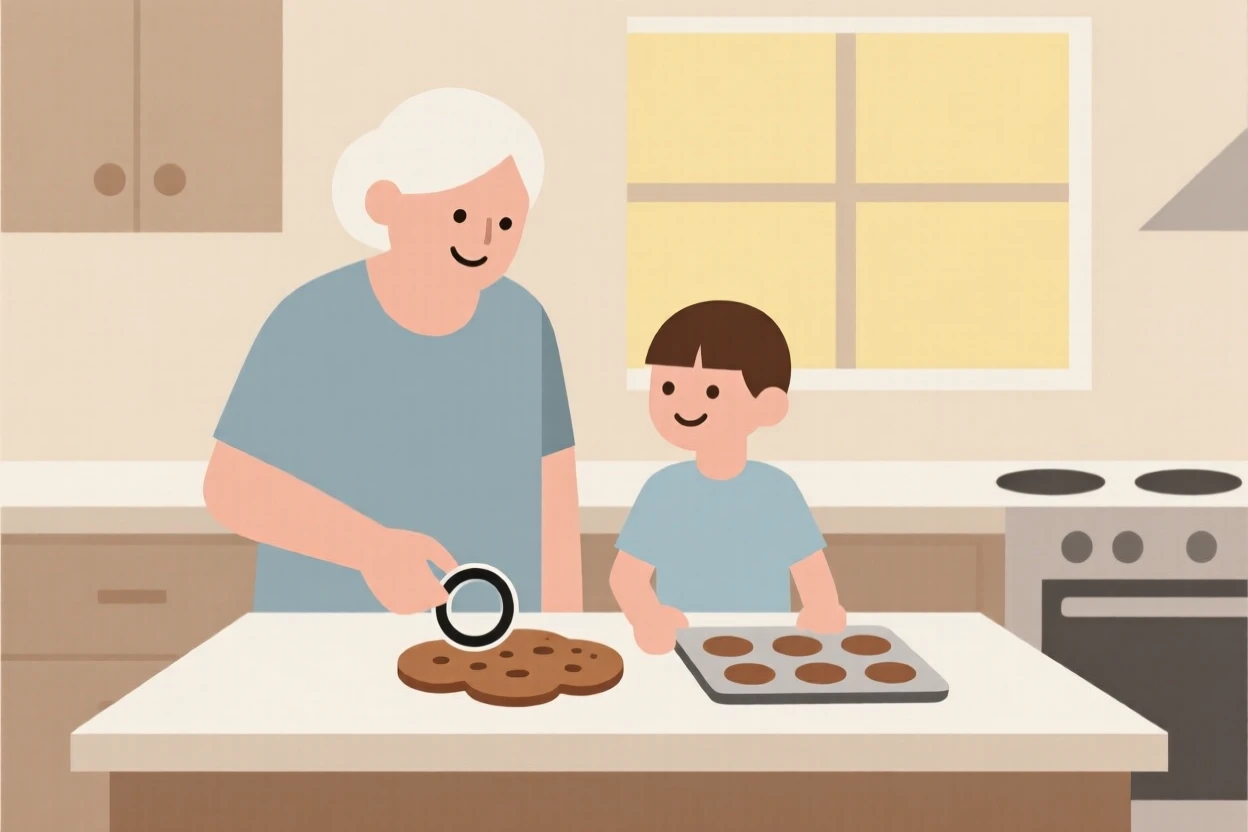 A grandmother baking cookies with her grandchild