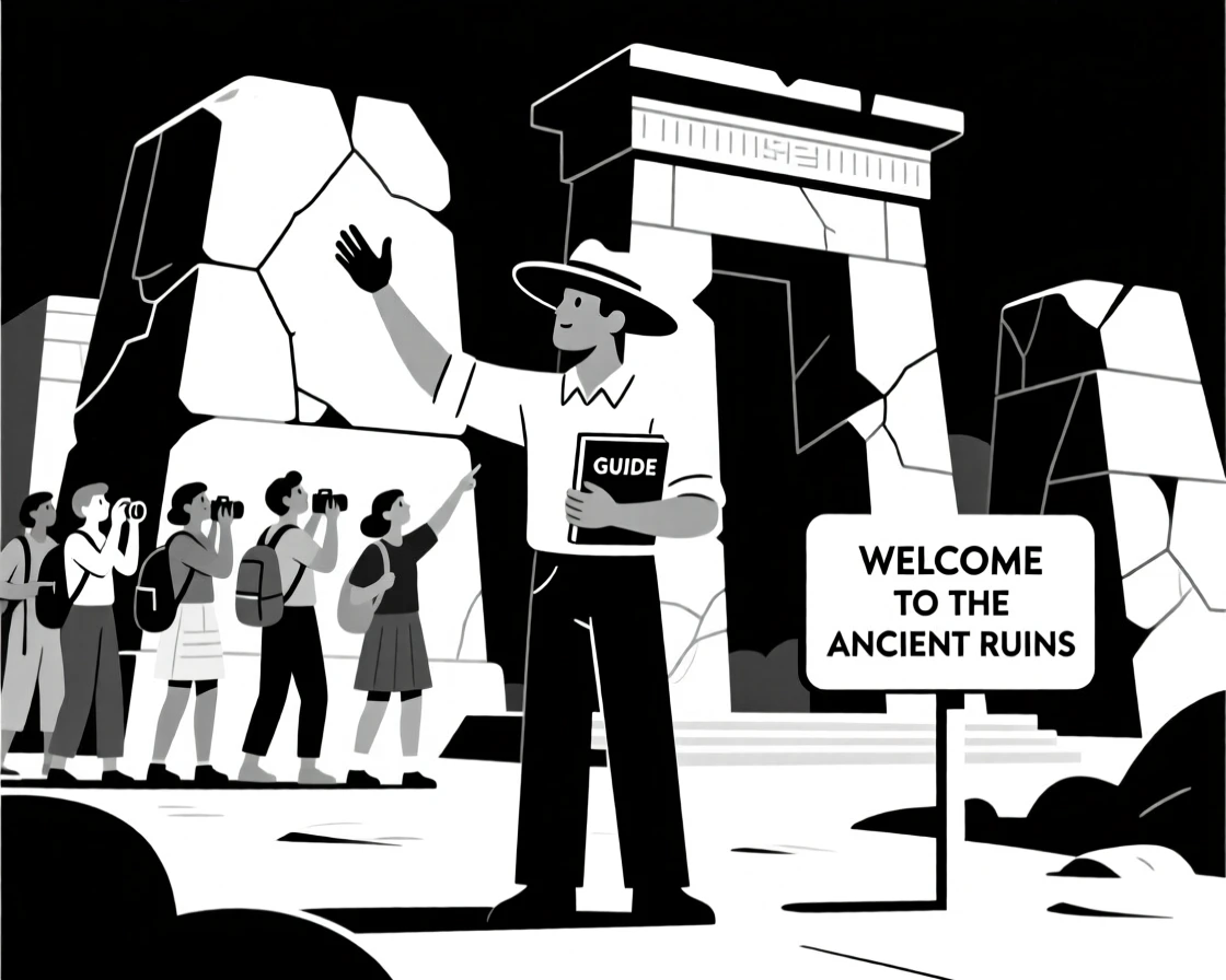 A tour guide leading a group through ancient ruins.
