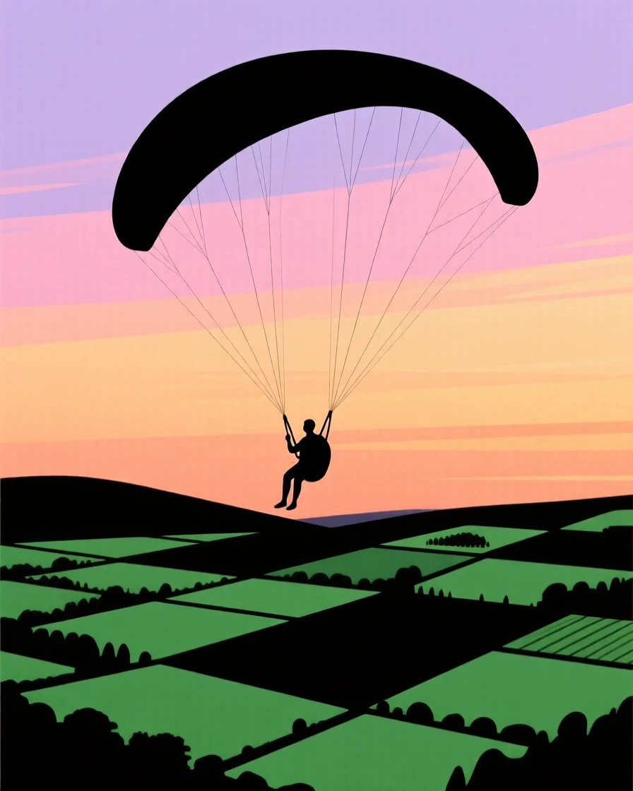 A paraglider soaring silently above a green patchwork valley.