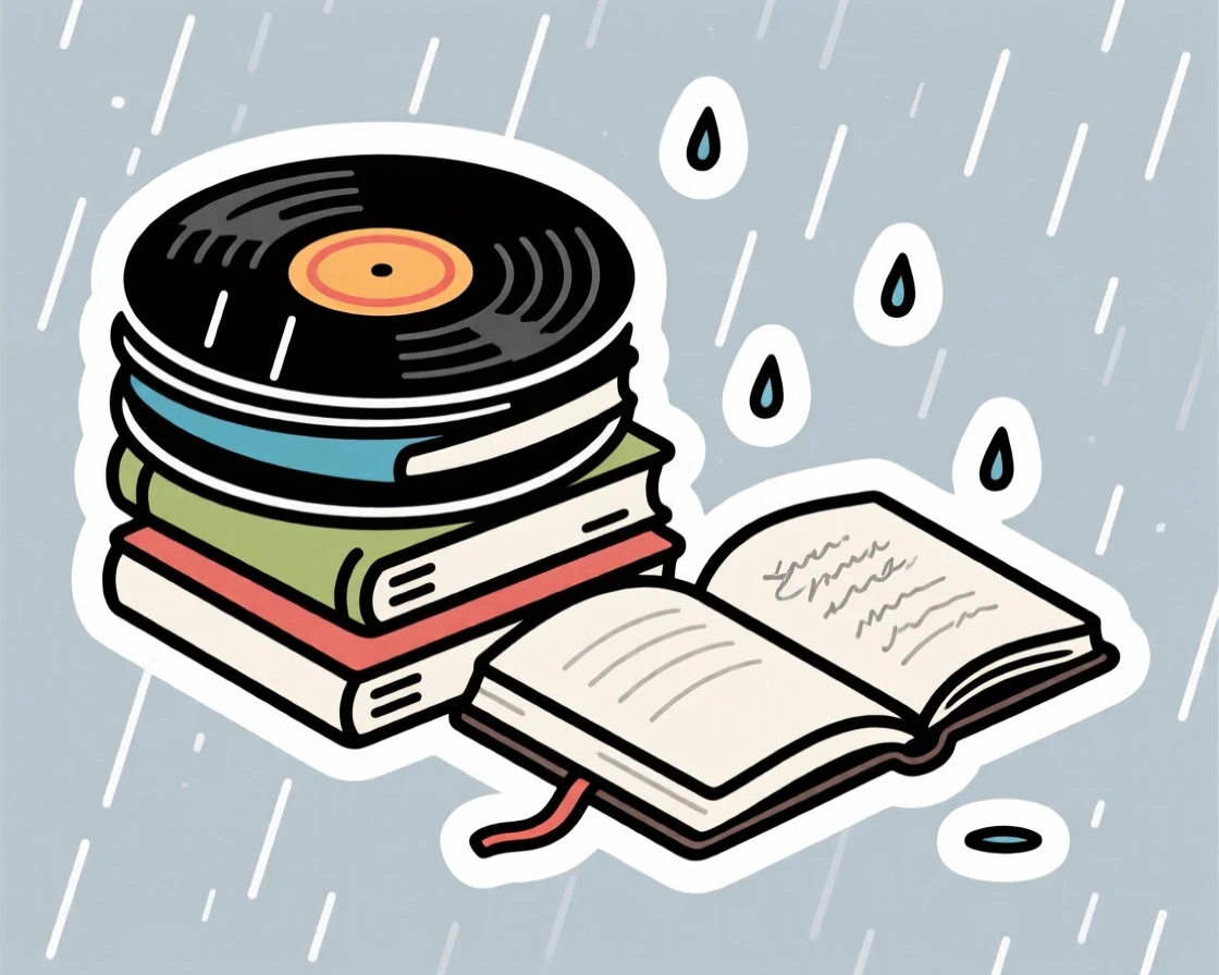 A quietly beautiful stack of vinyl records, sitting beside an open journal, on a quiet rainy afternoon.