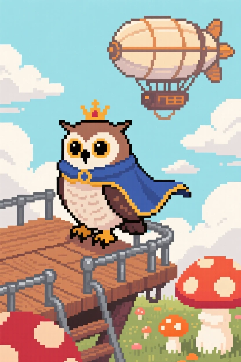 A royal messenger owl wearing a tiny cape riding through a field of giant mushrooms, on the deck of an airship among the clouds.