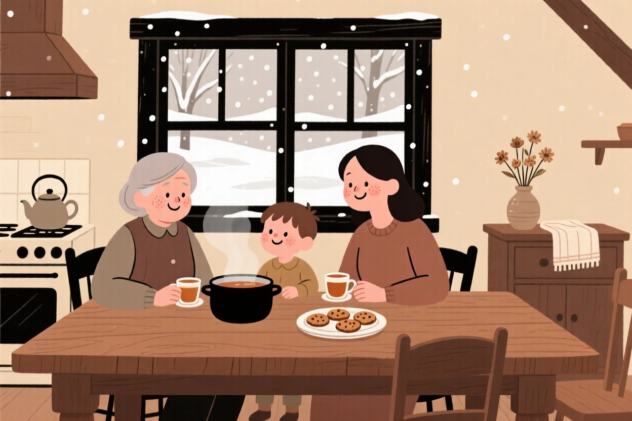 Three generations of a family gather around a large wooden table in the farmhouse kitchen, sharing a pot of tea and cookies and stories as snow falls softly beyond the window.