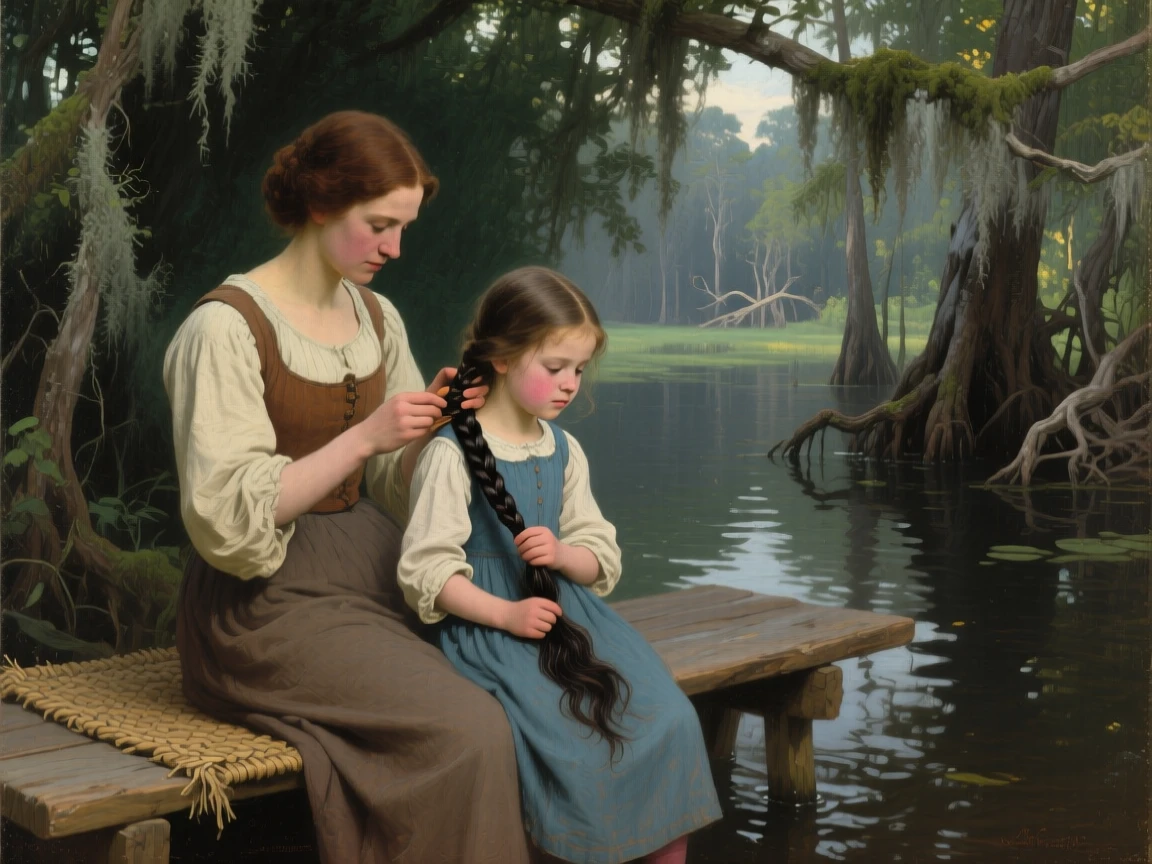 A medium shot of a young mother teaching her daughter to braid her hair, in the 18th century, in the Louisiana bayou.