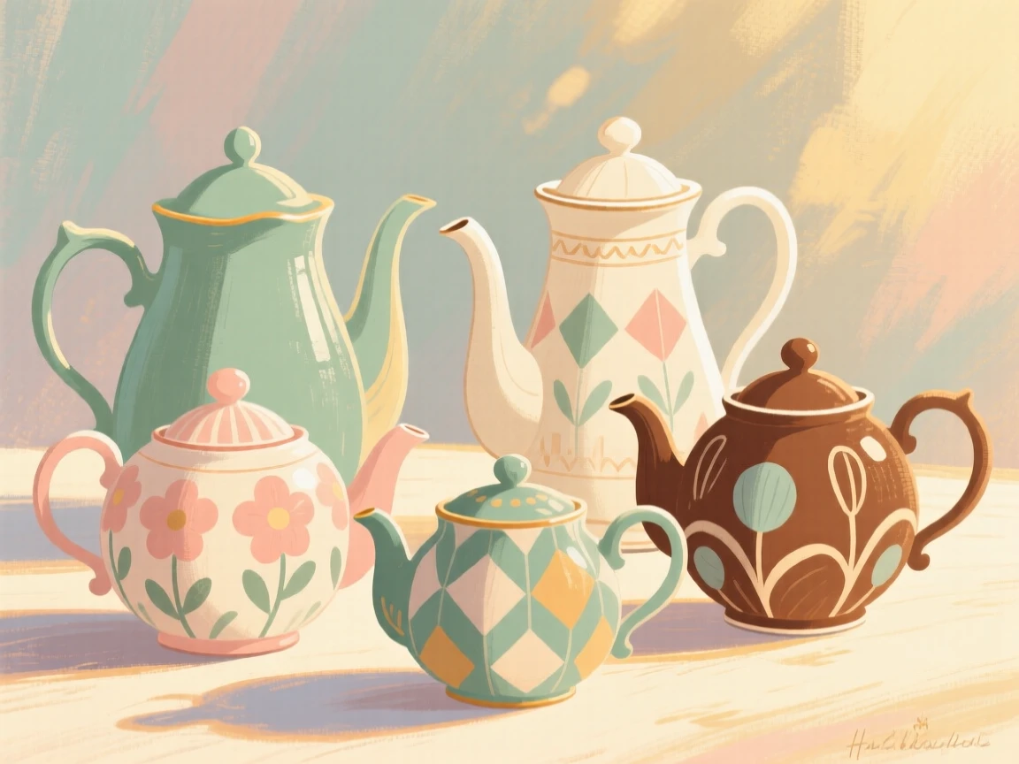 A set of decorative teapots of different shapes and patterns
