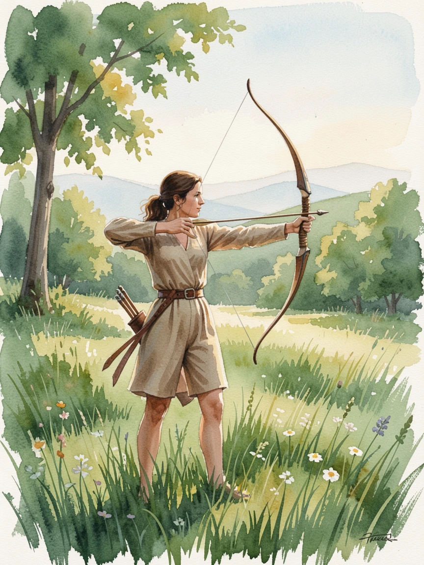 A woman practicing archery in a green meadow with focused, peaceful concentration.