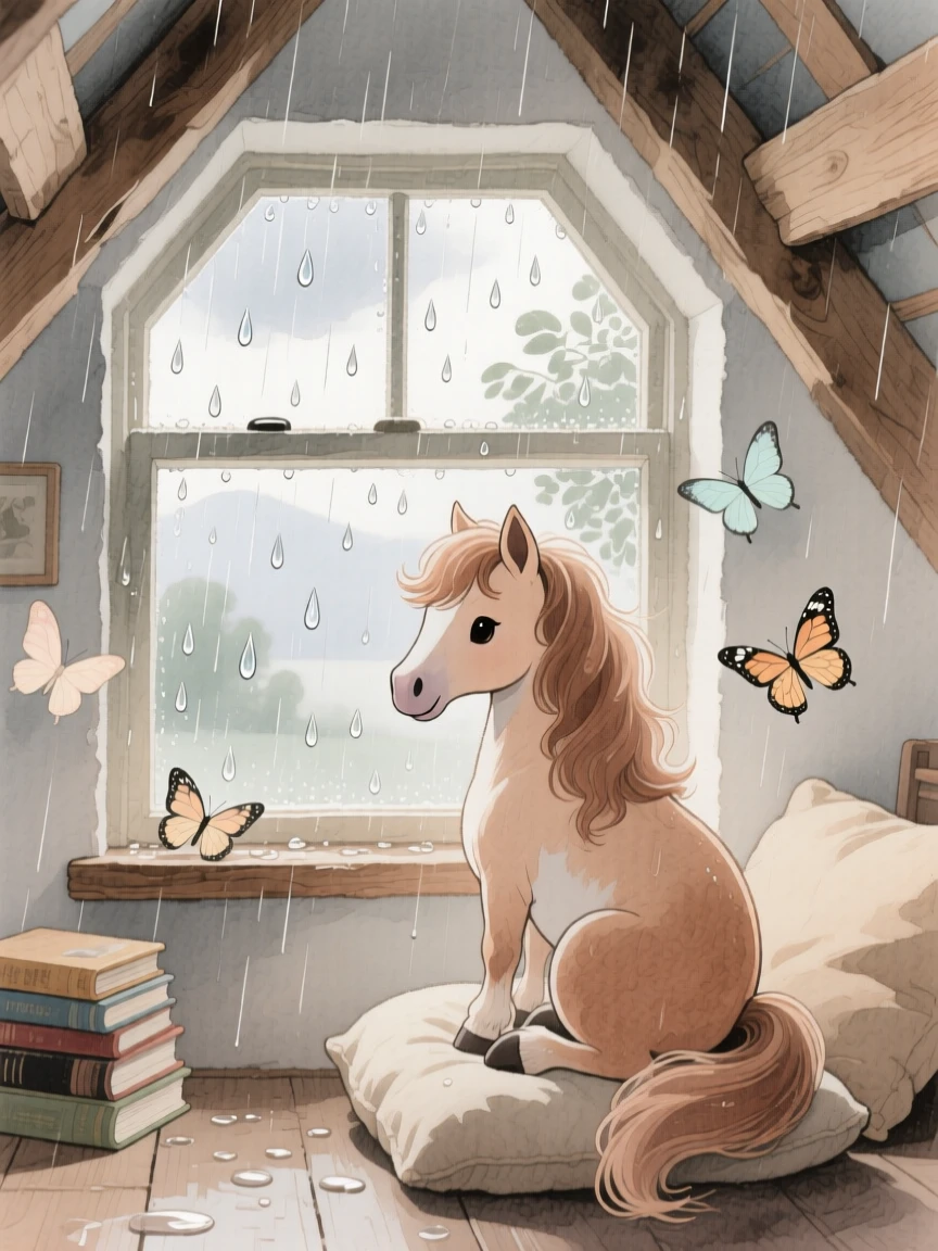 A miniature pony watches raindrops on a window in a cozy attic window, as butterflies drift nearby