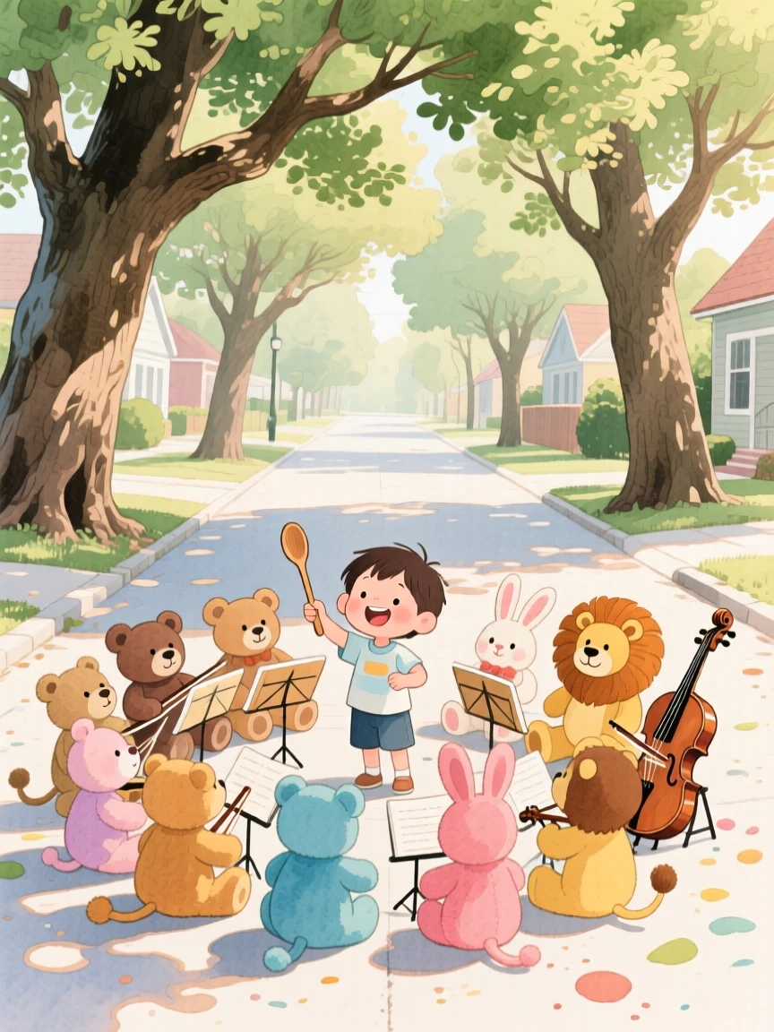 A child conducting a makeshift orchestra of stuffed animals with a wooden spoon, on a quiet street lined with old oak trees, radiating kindness, hope, and heartfelt emotion.