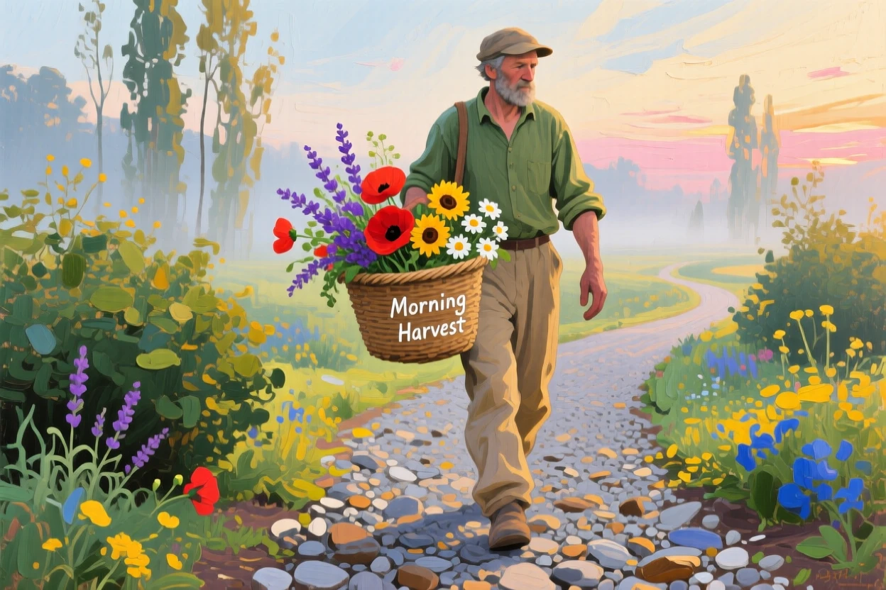 a gardener carrying fresh-cut flowers along a gravel path, in soft morning light, composed along a natural leading line.