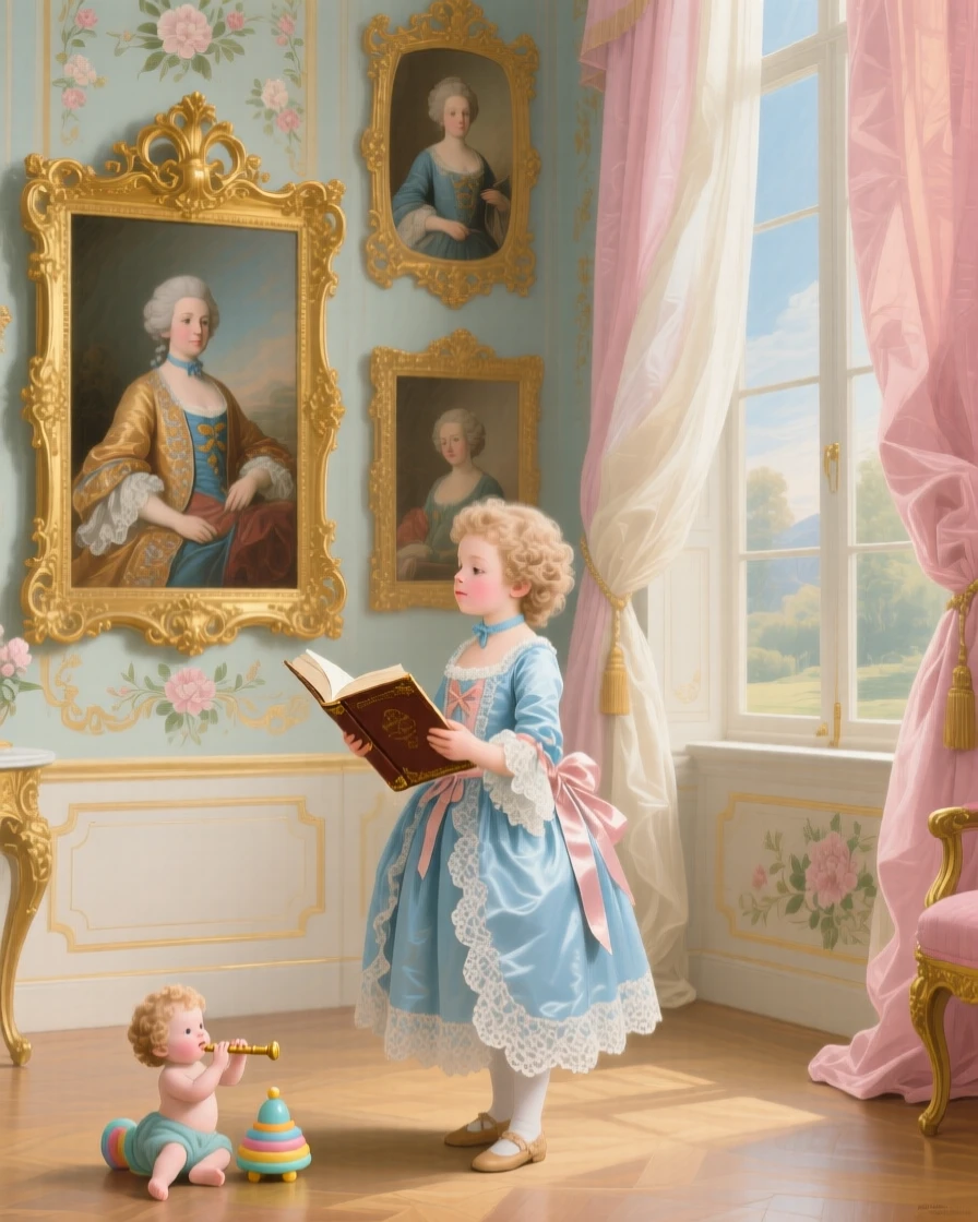 A gallery of royal portraits with a child quietly studying the paintings  