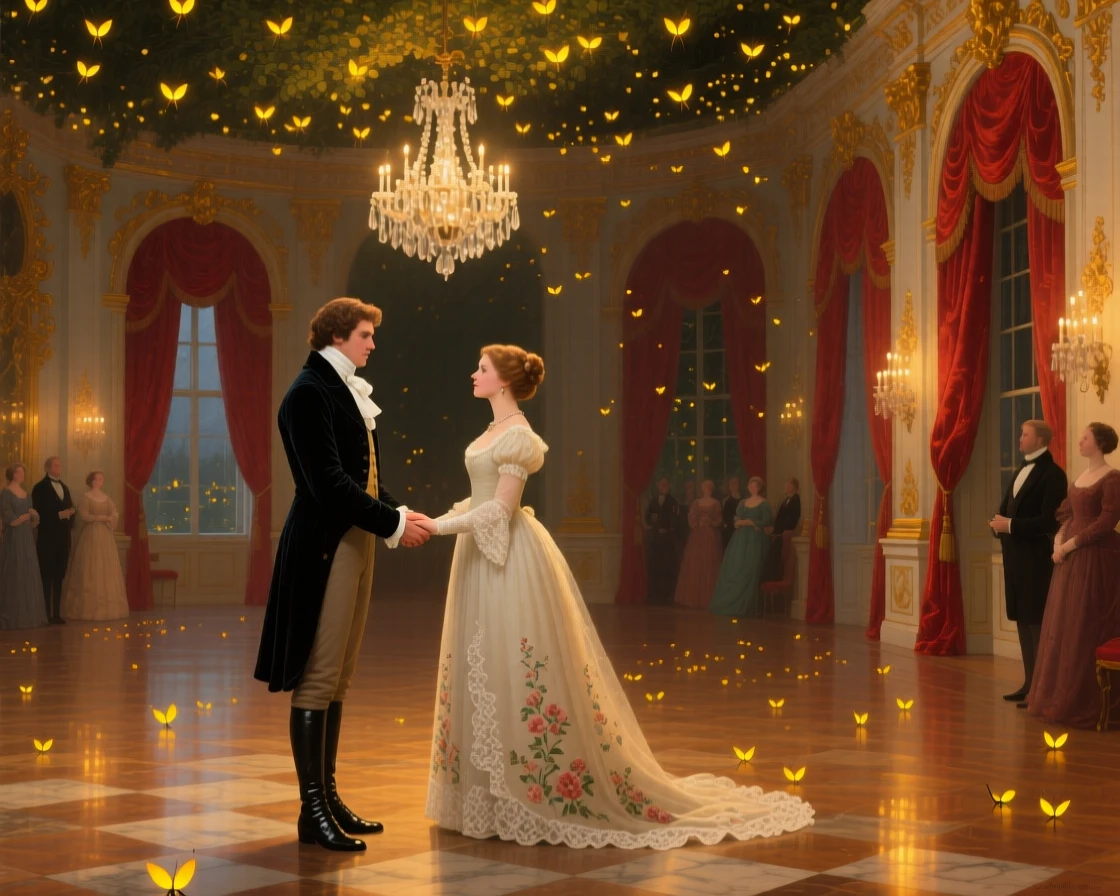 A young man and his beloved exchange vows beneath a grand ballroom beneath a canopy of fireflies.