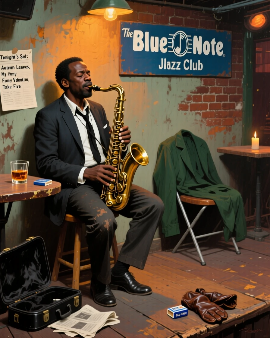 A jazz musician lost in the moment, saxophone gleaming under stage lights, surrounded by everyday details that ground the moment in reality, telling a complete story through a single powerful expression