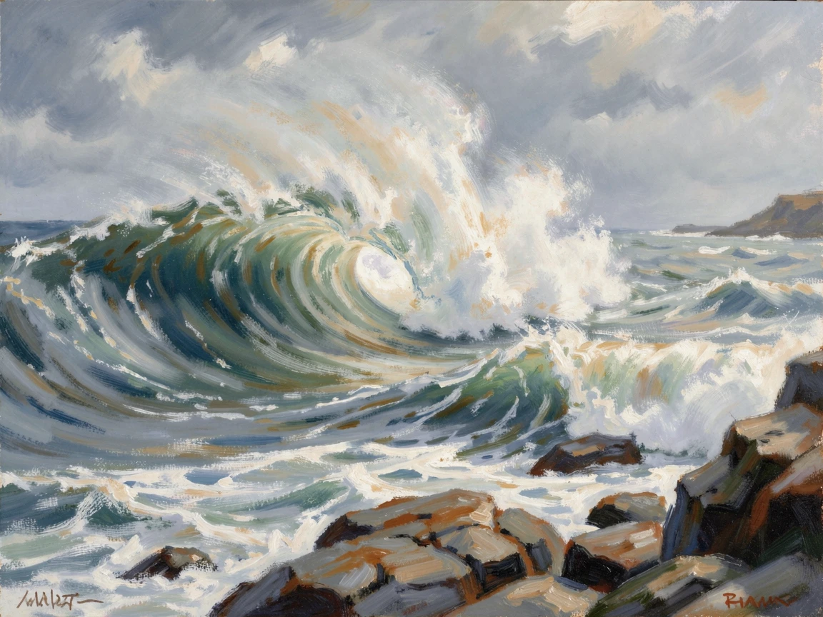A dramatic wave curling and crashing on a rocky coast during a fierce coastal storm.