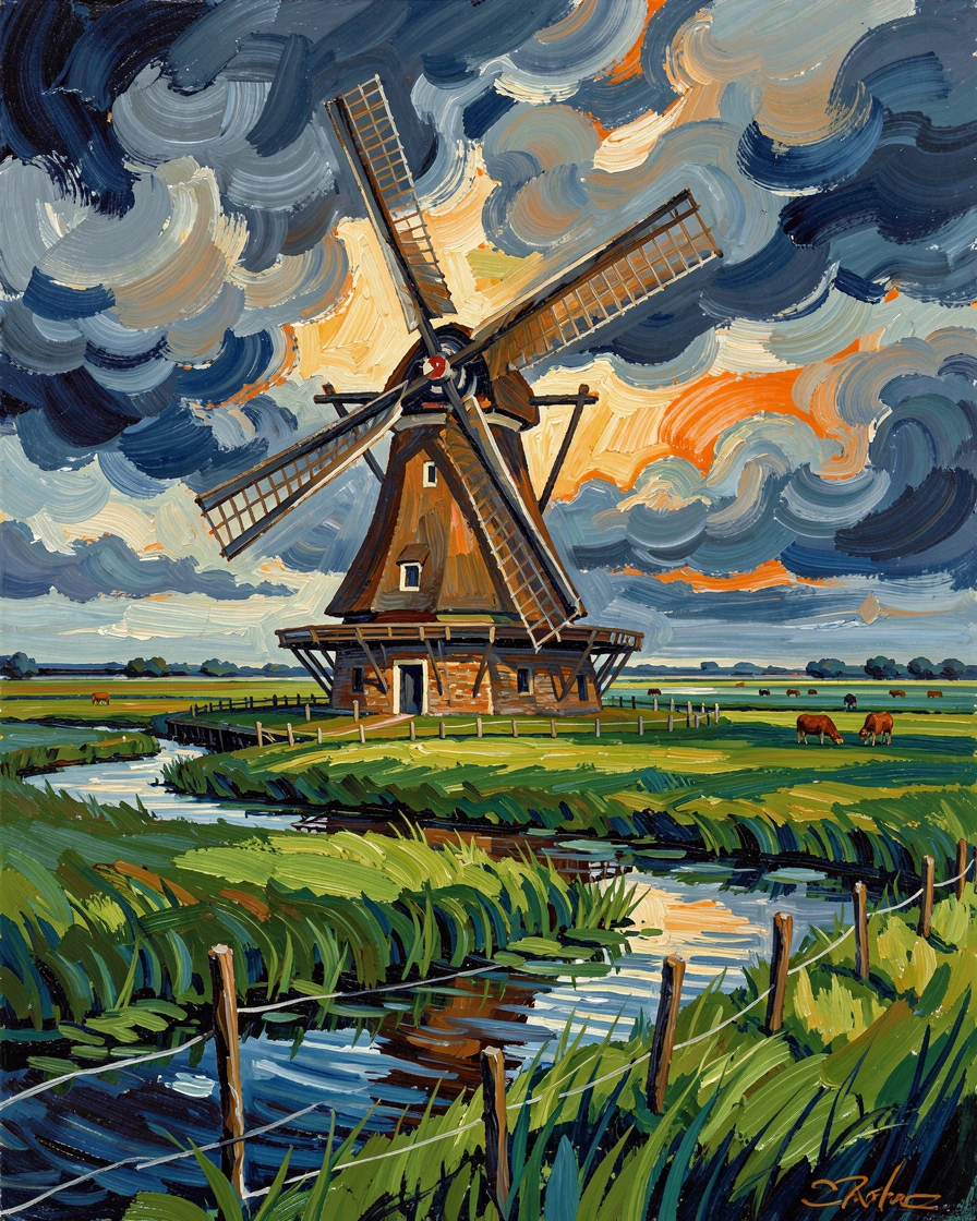 A windmill turning slowly against a dramatic sky above a Dutch polder landscape.