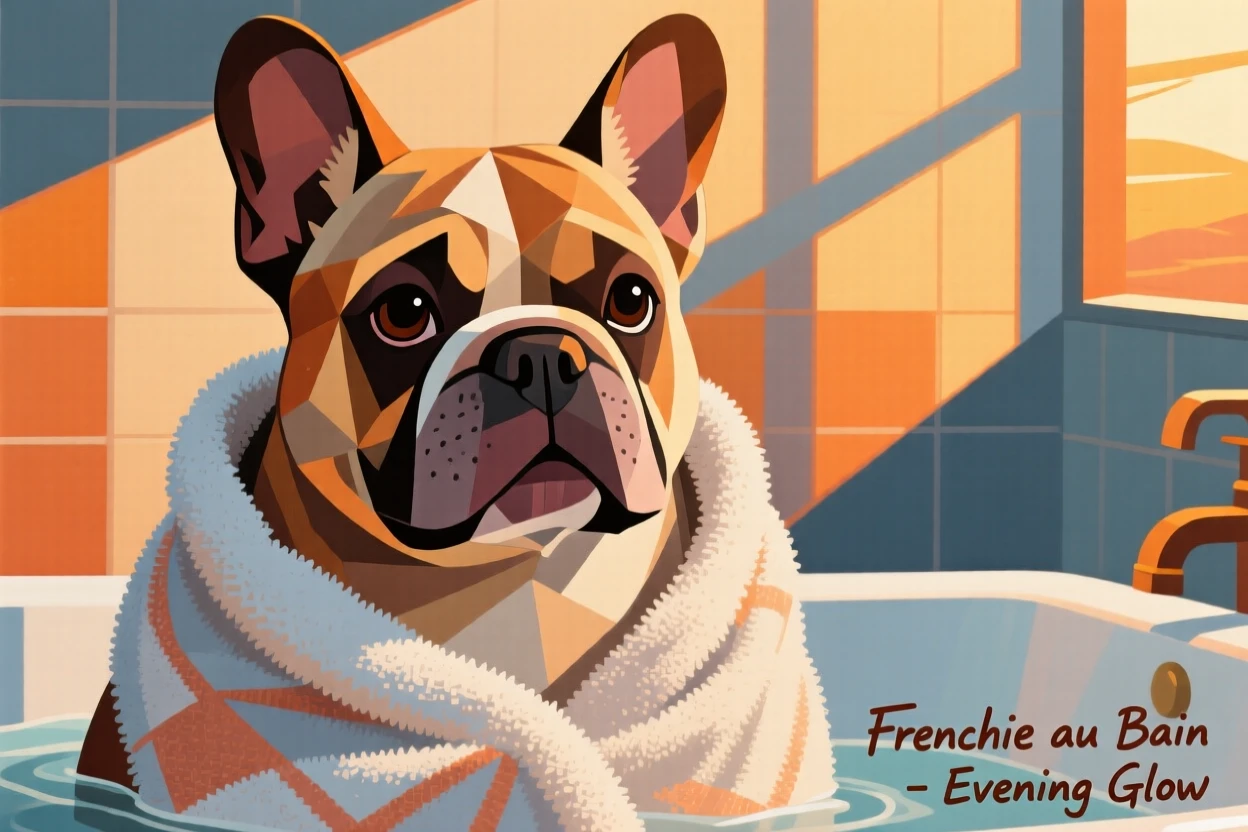 A charming portrait of a chubby french bulldog wrapped in a soft towel after a bath, in the warm evening light.